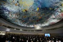 United Nations High Commissioner for Human Rights Zeid Ra'ad Al Hussein addresses via a video message a special session of the Human Rights Council on the situation in the Syrian city of Aleppo at the European headquarters of the United Nations in Geneva, Switzerland, October 21, 2016. PHOTO BY REUTERS/Denis Balibouse