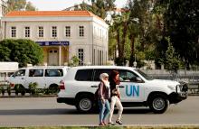 The United Nation vehicle carrying the Organisation for the Prohibition of Chemical Weapons (OPCW) inspectors is seen in Damascus, Syria, April 17, 2018. PHOTO BY REUTERS/Omar Sanadiki