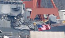 The Arleigh Burke-class guided-missile destroyer USS Fitzgerald, damaged by colliding with a Philippine-flagged merchant vessel, is seen at the U.S. naval base in Yokosuka, Japan, June 18, 2017. PHOTO BY REUTERS/Kyodo