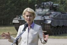 German Defence Minister Ursula von der Leyen speaks to media in front of infantry fighting vehicle Marder during a visit to the 41st mechanized infantry brigade in Viereck, Germany, July 16, 2015. PHOTO BY REUTERS/Axel Schmidt