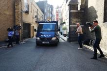 A police van, believed to be carrying Sudanese-born British national Salih Khater, arrives at Westminster Magistrates' Court in London, Britain, August 20, 2018. PHOTO BY REUTERS/Simon Dawson