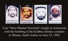 From left to right: Ahmed Ibrahim Al-Mughassil, Ali Saed Bin Ali El-Houri, Ibrhim Salih Mohammed Al-Yacoub and Abdelkarim Hussein Mohammed Al-Nasser listed as "most wanted terrorists" and released by [Former President George W. Bush] at FBI headquarters in Washington DC, in this file picture from October 10, 2001. PHOTO BY REUTERS