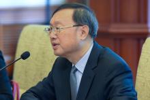 Chinese State Councilor Yang Jiechi speaks during a meeting with South Korea's National Security Advisor Chung Eui-Yong (not pictured) and South Korean ambassador to China Noh Young-min (not pictured) at the Diaoyutai state guesthouse on March 12, 2018 in Beijing, China. PHOTO BY REUTERS/Etienne Oliveau