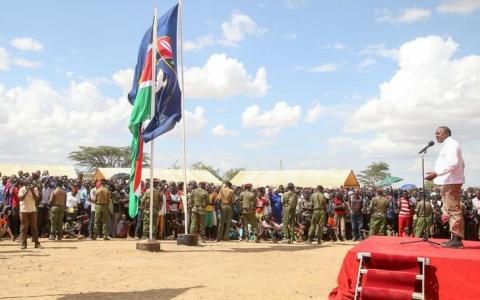Kenya's President Uhuru Kenyatta addresses the residents before launching a pilot scheme to export crude oil in Turkana region, Kenya, June 3, 2018. PHOTO BY REUTERS/Presidential Press Service