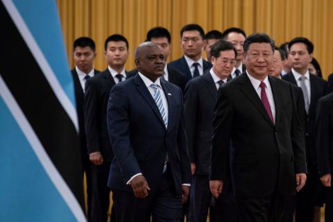 China's President Xi Jinping (R) and President of Botswana Mokgweetsi Masisi arrive for the welcome ceremony at the Great Hall of the People in Beijing, China, August 31, 2018. PHOTO BY REUTERS/Roman Pilipey/Pool