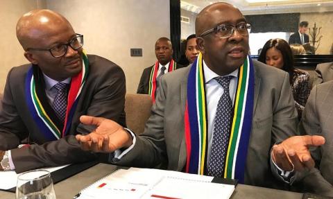 Nhlanhla Nene, South Africa's Finance Minister, speaks to journalists on the sidelines of an investor roadshow in London, Britain, March 13, 2018. PHOTO BY REUTERS/Karin Strohecker