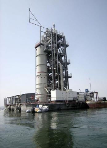 An engineer anchors his boat at Rwanda's methane platform on Lake Kivu. PHOTO BY REUTERS/Frank Nyakairu