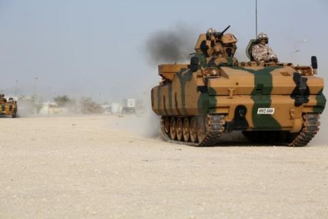 Turkish APC drives at their military base in Doha, Qatar, June 18, 2017. PHOTO BY REUTERS/Qatar News Agency