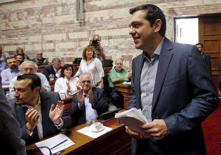 Greek Prime Minister Alexis Tsipras arrives for a session of the ruling Syriza's leftist party parliamentary group at the Parliament building in Athens, Greece, July 10, 2015. PHOTO BY REUTERS/Jean-Paul Pelissier