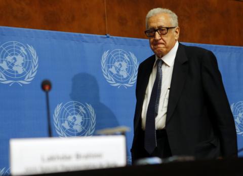 Arab League-United Nations envoy Lakhdar Brahimi arrives for a news conference on the situation in Syria