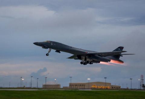 A U.S. Air Force B-1B Lancer assigned to the 37th Expeditionary Bomb Squadron, takes-off to fly a bilateral mission with Japanese and South Korea Air Force jets in the vicinity of the Sea of Japan, from Andersen Air Force Base, Guam, October 10, 2017. PHOTO BY REUTERS/Joshua Smoot/U.S. Air Force