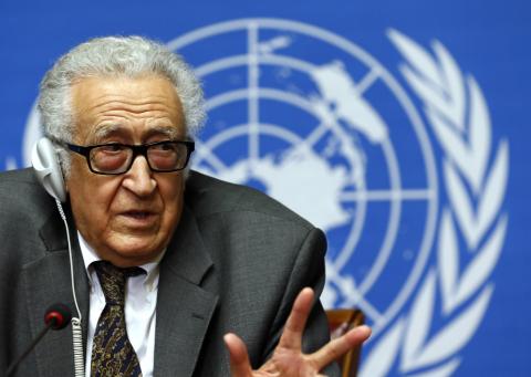 U.N.-Arab League envoy for Syria Lakhdar Brahimi addresses a news conference at the United Nations European headquarters in Geneva
