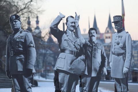 Activists placed life-size cardboards, depicting Benito Mussolini, Adolf Hitler, Josef Stalin and Philippe Petain in front of the Kaiser Wilhelm monument at the Deutsches Eck ("German Corner") to protest against a European far-right leaders meeting, in Koblenz, Germany, January 21, 2017. PHOTO BY REUTERS/Kai Pfaffenbach