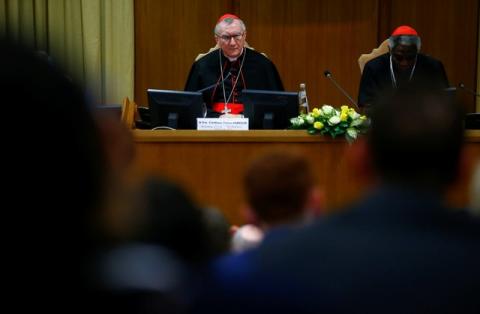 Vatican Secretary of State Cardinal Pietro Parolin attends the conference "Perspectives for a World Free from Nuclear Weapons and for Integral Disarmament" at the Vatican, November 10, 2017. PHOTO BY REUTERS/Tony Gentile
