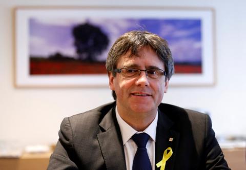 Former Catalan leader Carles Puigdemont attends a meeting with his party 'Junts per Catalunya' parliament group in Brussels, Belgium, January 12, 2018. PHOTO BY REUTERS/Francois Lenoir