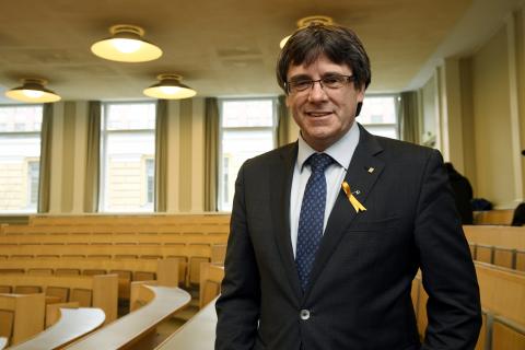 Pro-independence Catalonia's deposed leader Carles Puigdemont lectures at the University of Helsinki, Finland, March 23, 2018. PHOTO BY REUTERS/Lehtikuva/Markku Ulander