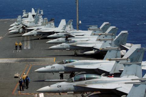 U.S. Navy F18 fighter jets are pictured on the deck of aircraft carrier USS Carl Vinson during a FONOPS (Freedom of Navigation Operation Patrol) in South China Sea, March 3, 2017. PHOTO BY REUTERS/Erik De Castro