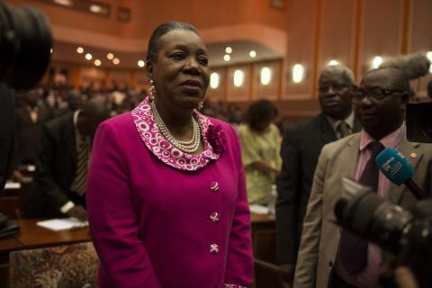 Catherine Samba-Panza reacts after she was elected as Central African Republic's interim president at the national assembly in Bangui