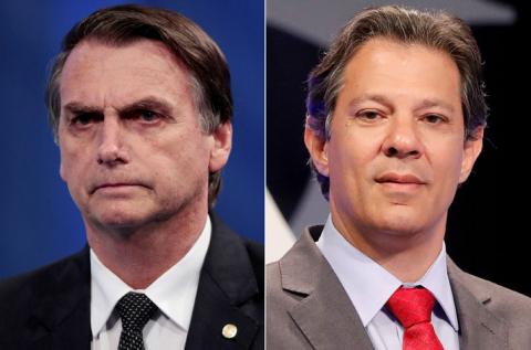 A combination of file photos shows presidential candidate Jair Bolsonaro (L) attending a television debate at the Rede TV studio in Osasco, Brazil, August 17, 2018, and presidential candidate Fernando Haddad attending a televised debate in Sao Paulo, Brazil, September 26, 2018. PHOTO BY REUTERS/Paulo Whitaker/Nacho Doce