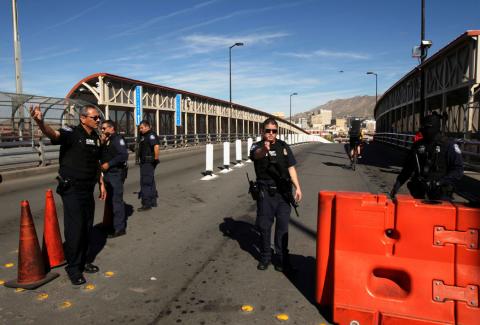 U.S Custom and Border Protection agents take part in a drill to protect the crossing gates against people who want to cross the border illegally on the international bridge between Mexico and the U.S., in Ciudad Juarez, Mexico, October 29, 2018. PHOTO BY REUTERS/Jose Luis Gonzalez