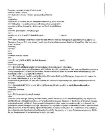 Part of an email conversation between Donald Trump Jr and publicist Rob Goldstone is seen in a Twitter message posted by Trump Jr. on July 11, 2017. DOCUMENT BY REUTERS@DonaldJTrumpJR