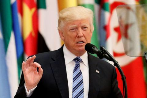 U.S. President Donald Trump delivers a speech during Arab-Islamic-American Summit in Riyadh, Saudi Arabia, May 21, 2017. PHOTO BY REUTERS/Jonathan Ernst