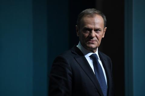 President of the European Council Donald Tusk speaks during a press conference at Government buildings in Dublin, Ireland, March 8, 2018. PHOTO BY REUTERS/Clodagh Kilcoyne