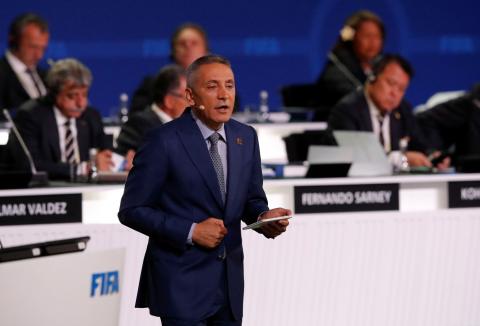 Moulay Hafid Elalamy, Chairman of the 2026 Morocco Bid Committee for the 2026 FIFA World Cup, delivers a speech during the 68th FIFA Congress in Moscow, Russia, June 13, 2018. PHOTO BY REUTERS/Sergei Karpukhin