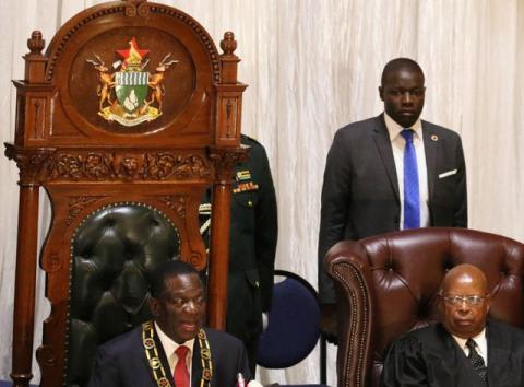 Zimbabwean President Emmerson Mnangagwa is seen with speaker of Parliament Jacob Mudenda during the State of the Nation Address (SONA) in Harare, Zimbabwe, December 20, 2017. PHOTO BY REUTERS/Philimon Bulawayo