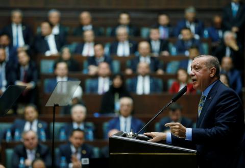 Turkish President Tayyip Erdogan addresses members of parliament from his ruling AK Party (AKP) during a meeting at the Turkish parliament in Ankara, Turkey, October 23, 2018. PHOTO BY REUTERS/Murat Cetinmuhurdar/Presidential Press Office