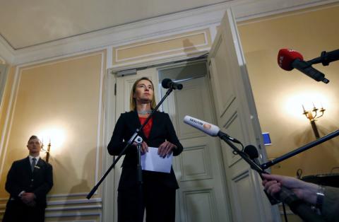 The European Union's foreign policy chief Federica Mogherini addresses to media after the meeting of the Quartet of Middle East peace mediators during the 51st Munich Security Conference at the 'Bayerischer Hof' hotel in Munich, February 8, 2015. PHOTO BY REUTERS/Michael Dalder