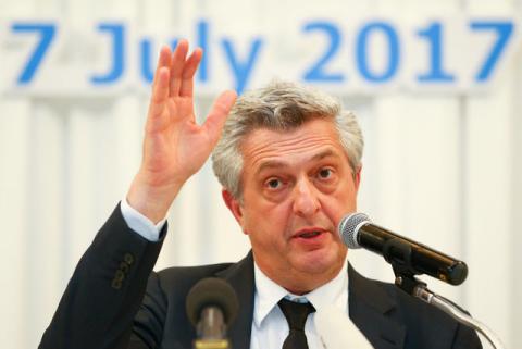 UNHCR High Commissioner for Refugees Filippo Grandi gestures during a news conference at a hotel in Bangkok, Thailand, July 7, 2017. PHOTO BY REUTERS/Athit Perawongmetha