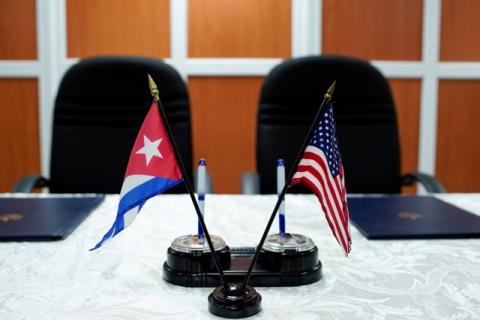 A view of the U.S. and Cuban flags prior to the signing of agreements between the Port of Cleveland and the Cuban Maritime authorities in Havana, Cuba, October 6, 2017. PHOTO BY REUTERS/Alexandre Meneghini