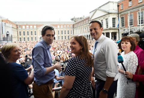 Ireland's Taoiseach Leo Varadkar arrives to speak to a gathering celebrating the result of yesterday's referendum on liberalizing abortion law, in Dublin, Ireland, May 26, 2018. PHOTO BY REUTERS/Clodagh Kilcoyne