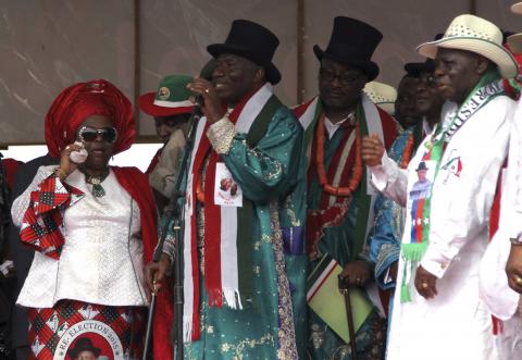 Nigeria's President Goodluck Jonathan (C) addresses a campaign rally as he seeks a second term in office, in Yenagoa in his home state of Bayelsa, February 6, 2015. PHOTO BY REUTERS/Stringer