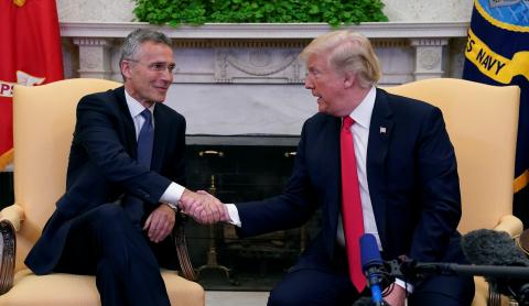 U.S. President Donald Trump meets with NATO Secretary General Jens Stoltenberg at the White House in Washington, U.S., May 17, 2018. PHOTO BY REUTERS/Kevin Lamarque