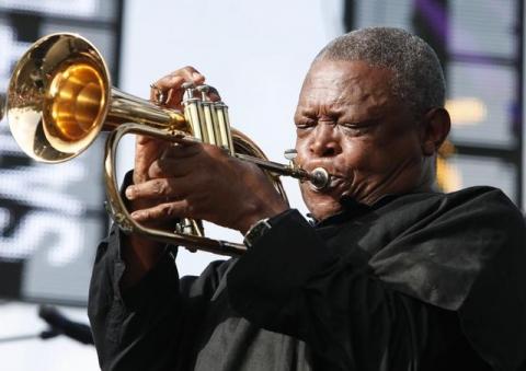 South African trumpeter and musician Hugh Masekela performs on the final day of the 21st Annual St. Lucia Jazz festival at Pigeon Island National Landmark. PHOTO BY REUTERS/Andrea De Silva