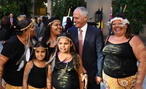 Australian Prime Minister Malcolm Turnbull poses at an event featuring indigenous Australians on the eve of the 'Close the Gap' report at Parliament House in Canberra, Australia, February 13, 2017. PHOTO BY REUTERS/Mick Tsikas