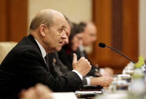 French Foreign Minister Jean-Yves Le Drian speaks during a meeting with China's Foreign Minister Wang Yi at Diaoyutai State Guesthouse in Beijing, China, November 24, 2017. PHOTO BY REUTERS/Jason Lee