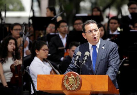 Guatemala's President Jimmy Morales addresses the audience during the inauguration of the Spanish Square in Guatemala City, Guatemala, September 12, 2017. PHOTO BY REUTERS/Luis Echeverria