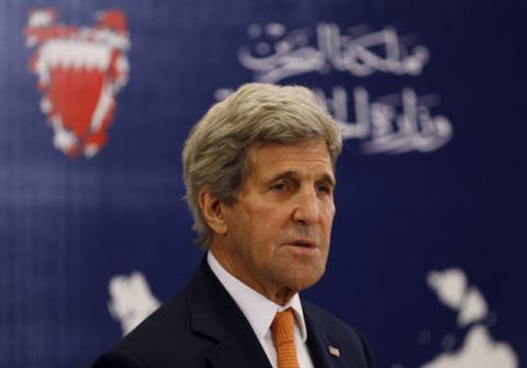 U.S. Secretary of State John Kerry speaks to reporters ahead of the Gulf Cooperation Council (GCC) Ministerial meeting in Manama, Bahrain, April 7, 2016. PHOTO BY REUTERS/Hamad I Mohammed