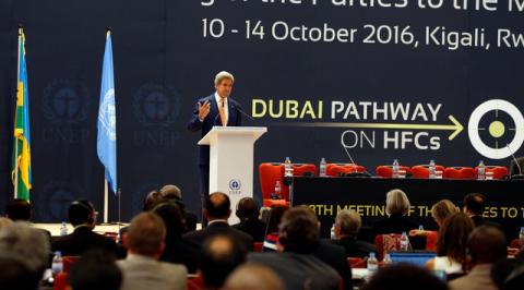 U.S. Secretary of State John Kerrydelivers his keynote addres to promote U.S. climate and environmental goals, at the Meeting of the Parties to the Montreal Protocol on the elimination of hydro fluorocarbons (HFCs) use, held in Rwanda's capital Kigali, October 14, 2016. PHOTO BY REUTERS/James Akena