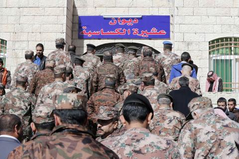 Jordanian soldiers are seen at the headquarters of the family clan of pilot Muath al-Kasaesbeh in the city of Karak, February 4, 2015. PHOTO BY REUTERS/Muhammad Hamed