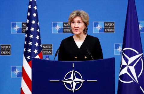 U.S. Ambassador to NATO Kay Bailey Hutchison briefs the media ahead of a NATO defence ministers meeting at the Alliance headquarters in Brussels, Belgium, October 2, 2018. PHOTO BY REUTERS/Francois Lenoir