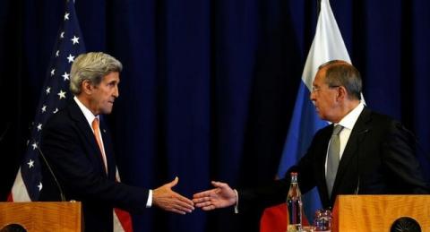 U.S. Secretary of State John Kerry and Russian Foreign Minister Sergei Lavrov (R) shake hands at the conclusion of their news conference following their meeting in Geneva, Switzerland where they discussed the crisis in Syria, September 9, 2016. PHOTO BY REUTERS/Kevin Lamarque