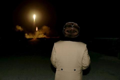 North Korean leader Kim Jong Un watches the ballistic rocket launch drill of the Strategic Force of the Korean People's Army (KPA) at an unknown location, in this undated file photo released by North Korea's Korean Central News Agency (KCNA) in Pyongyang, March 11, 2016. PHOTO BY REUTERS