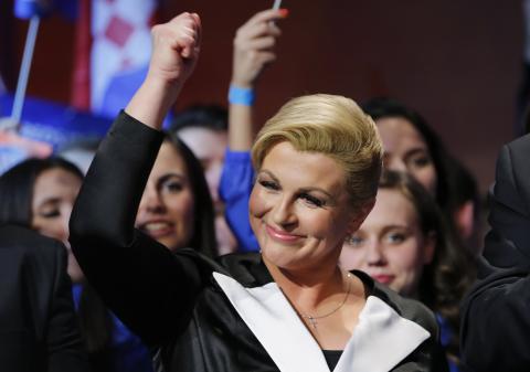 Kolinda Grabar-Kitarovic of the opposition HDZ celebrates her victory in Croatia's presidential run-off election on the stage at her campaign headquarters in Zagreb, January 11, 2015. PHOTO BY REUTERS/Antonio Bronic