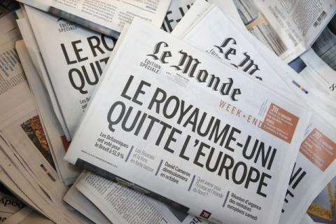 The front page of daily newspaper Le Monde, with the headline, "United Kingdom Leaves Europe" is seen at their printing works following Britain's referendum results to leave the European Union, in Tremblay-en-France, near Paris, France, June 24, 2016. PHOTO BY REUTERS/Christian Hartmann