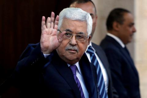  Palestinian President Mahmoud Abbas waves in Ramallah, in the occupied West Bank, May 1, 2018. PHOTO BY REUTERS/Mohamad Torokman
