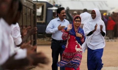 Pakistani Nobel Peace Prize laureate Malala Yousafzai arrives for celebrations to mark her 19th birthday at the Nasib Secondary School in Ifo2 area of Dadaab refugee camp near the Kenya-Somalia border, July 12, 2016. PHOTO BY REUTERS/Thomas Mukoya